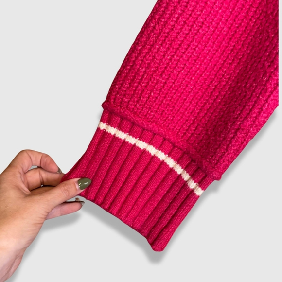 Maeve by Anthropologie Tilly Pullover Sweater V-Neck Cable Knit Varsity Pink W L - Picture 2 of 13